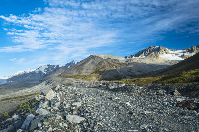 Каньйон Червоної Скелі проходить по хребту Східна Аляска в теплий сонячний літній день. Льодовик Канвелл на задньому плані (Аляска, США). — стокове фото