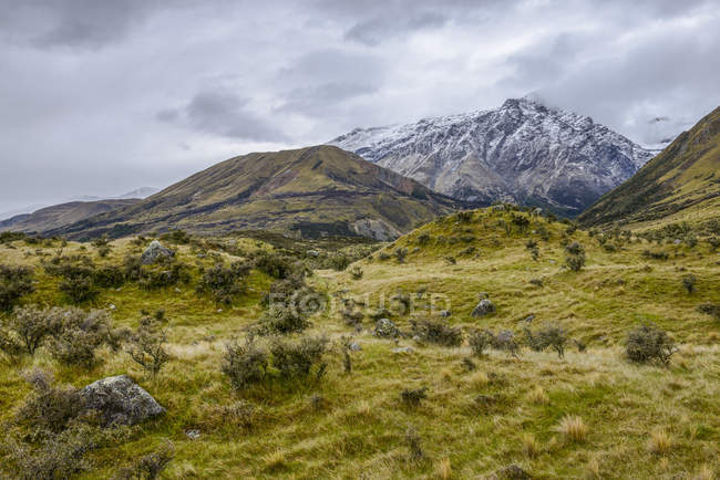 Montañas nevadas vistas desde Mount Cook Road; Isla Sur, Nueva Zelanda - foto de stock
