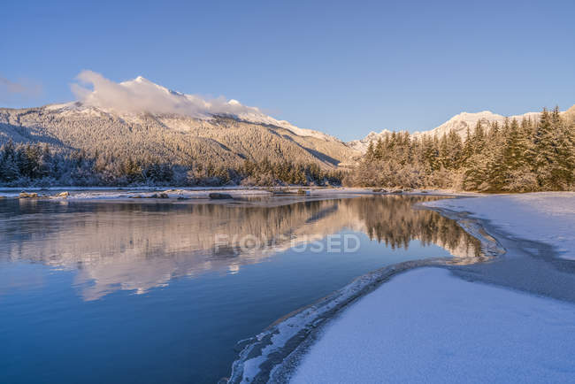 Winternachmittag am Ufer des Mendenhall Flusses, Tongass Nationalwald; juneau, alaska, vereinigte Staaten von Amerika — Stockfoto