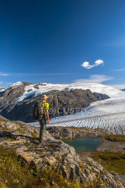 Вид сзади туриста в шляпе с видом на национальный парк Кенай-фьорды, Кенай-Пени, Аляска, Соединенные Штаты Америки — стоковое фото