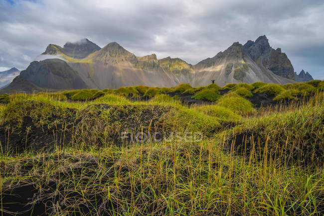 Vue panoramique de la montagne Vestrahorn, ou la région connue sous le nom de Stokknes, Hofn, Islande — Photo de stock