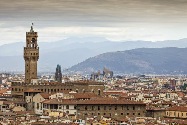 Вид на Флоренцию, включая Палаццо Веккьо; Флоренция, Италия — стоковое фото