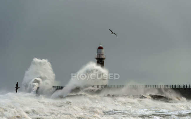 Faro de Roker y olas del río Ware chocando contra el muelle; Sunderland, Tyne and Wear, Inglaterra - foto de stock