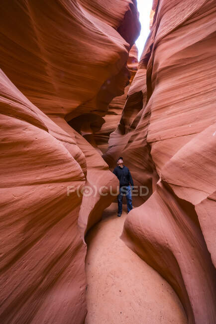 Uomo in piedi in un Slot Canyon conosciuto come Canyon X, vicino a Page; Arizona, Stati Uniti d'America — Foto stock