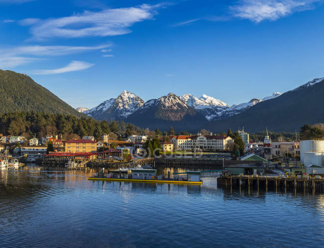 Winter view of Sitka Harbour with Gavan Hill and The Sisters mountains in background; Sitka, Alaska, United States of America — Stock Photo