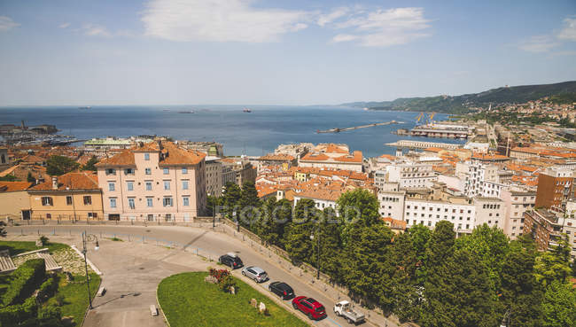 View of the Adriatic Sea from a rooftop; Trieste, Friuli Venezia Giulia, Italy — Stock Photo