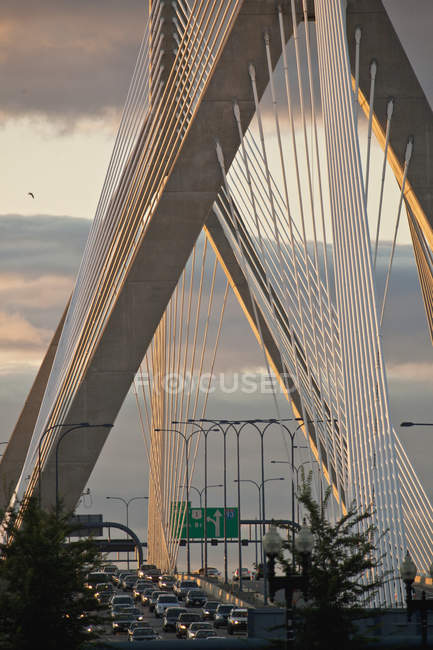 Tráfico moviéndose en un puente, Leonard P. Zakim Bunker Hill Bridge, Boston, Condado de Suffolk, Massachusetts, EE.UU. - foto de stock