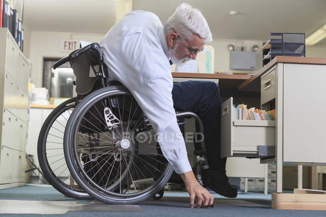 Man with Muscular Dystrophy in a wheelchair reaching for something he dropped at his office desk — Stock Photo