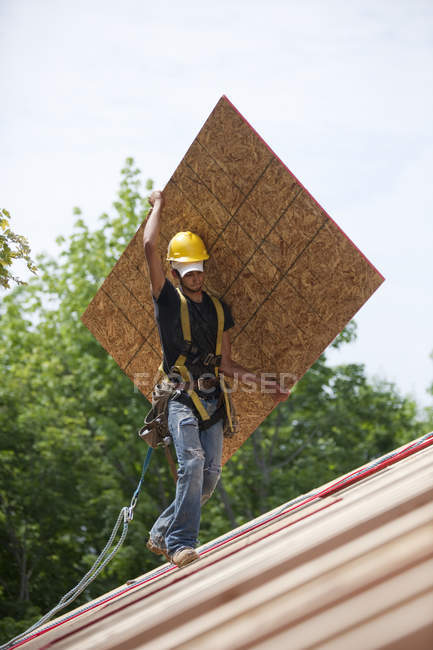 Charpentier hispanique portant un panneau de particules dans une maison en construction — Photo de stock