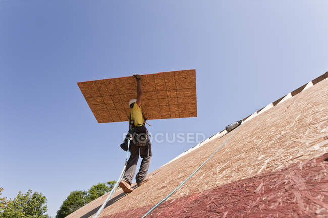 Carpenter with safety strap carrying a roof panel onto a roof — Stock Photo