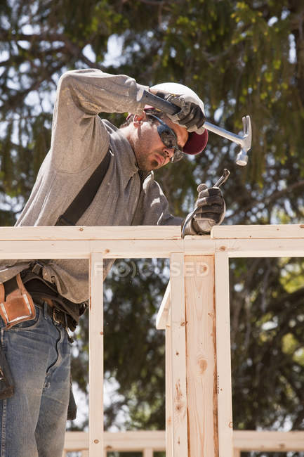 Carpintero martillando una barra de palanca para ajustar los tacos en un sitio de construcción de edificios - foto de stock