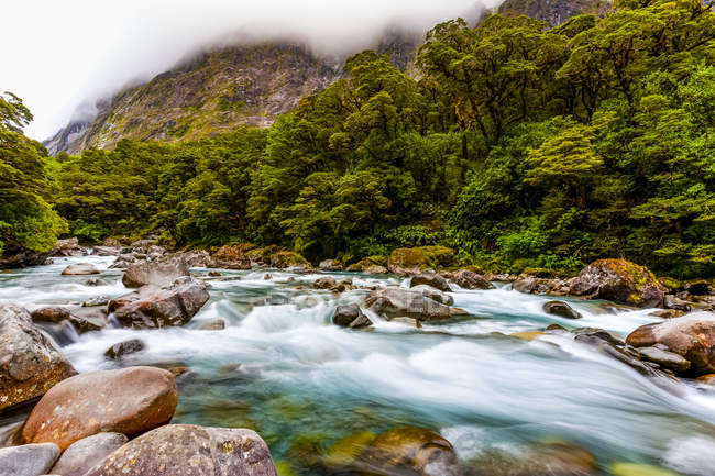 Un río bajo una nube baja; Isla Sur, Nueva Zelanda - foto de stock