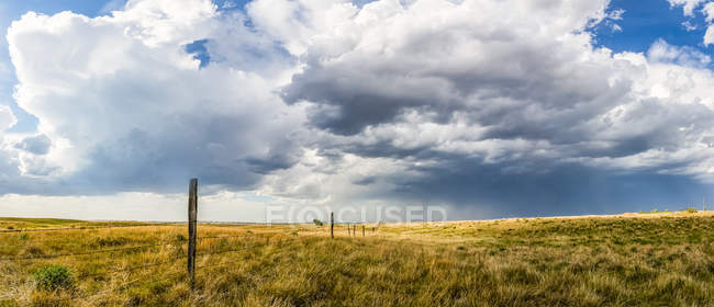 De vastes champs de terres agricoles dans les Prairies sous un grand ciel avec des nuages et une tempête au loin ; Val Marie, Saskatchewan, Canada — Photo de stock
