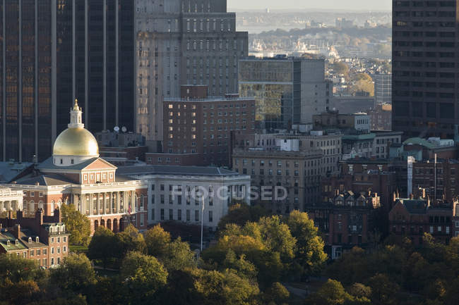 Высокоугольный вид на правительственное здание с общественным парком, Boston Common, Массачусетс State House, Бостон, Массачусетс, США — стоковое фото