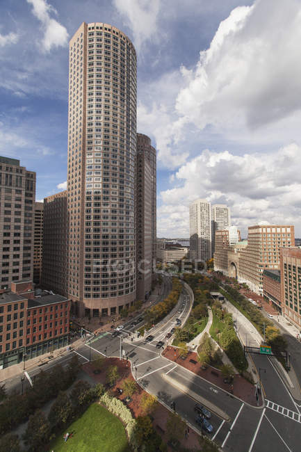 Skyscrapers in a city, Rose Kennedy Greenway, Boston Harbor Hotel, Rowes Wharf, Boston, Massachusetts, USA — Stock Photo
