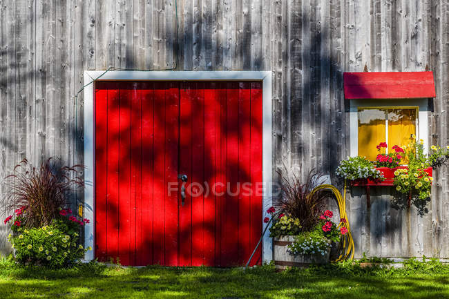 Portas duplas vermelhas em uma casa de madeira rústica com flores florescentes; Bromont, Quebec, Canadá — Fotografia de Stock