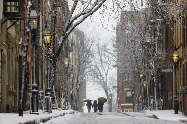 Vénération vue sur la rue pendant blizzard à Boston, comté de suffolk, massetts, Etats-Unis — Photo de stock