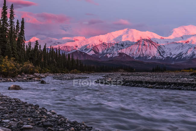 Alpenglow au coucher du soleil sur la chaîne de l'Alaska, vue depuis la rivière Muddy dans le parc national et réserve de parc national Denali ; Alaska, États-Unis d'Amérique — Photo de stock