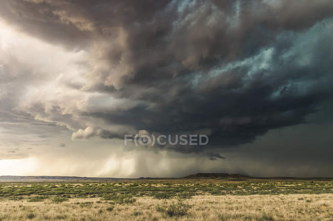 Nuages de tempête noirs dramatiques au-dessus de la garrigue ; Nouveau-Mexique, États-Unis d'Amérique — Photo de stock
