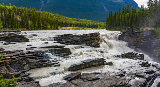 Vista panoramica sul fiume Athabasca e le cascate, Jasper National Park; Alberta, Canada — Foto stock