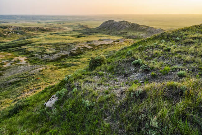 Vast landscape stretching to the horizon at dusk in Grassland National Park; Val Marie, Saskatchewan, Canada — Stock Photo