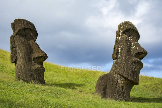 A grassy slope leads the eye towards two moais, seen against an early morning blue sky, Easter Island, Chile — стокове фото