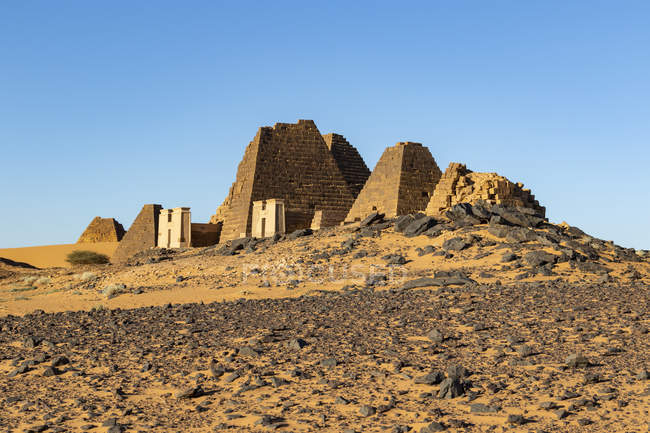 Pyramides dans le cimetière du Nord à Begarawiyah, contenant 41 pyramides royales des monarques qui ont régné sur le royaume de Kush entre 250 av. J.-C. et 320 av. J.-C. ; Méroé, État du Nord, Soudan — Photo de stock