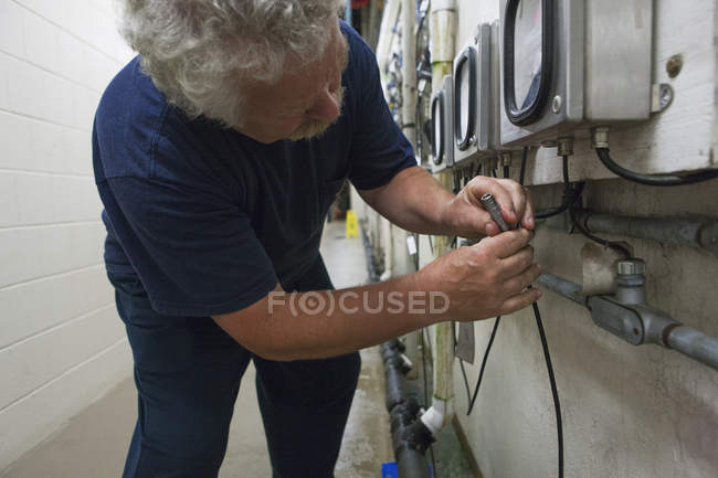 Інженер, що з'єднує зонд електрохімічного датчика O2 для вимірювання на заводі з очищення води — стокове фото