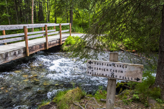 Trail marker sul sentiero per le cascate del fiume russo sulla penisola del Kenai, Alaska centro-meridionale; Alaska, Stati Uniti d'America — Foto stock