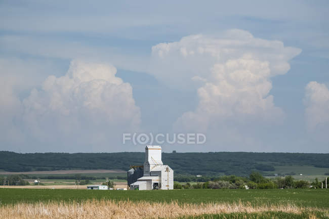 Thunderhead sobre un elevador de grano en las praderas canadienses; Saskatchewan, Canadá - foto de stock