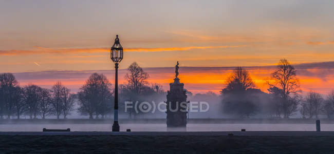 Сценічний вид на парк Буші в туманний ранок під час драматичного сходу сонця; Лондон, Англія. — стокове фото