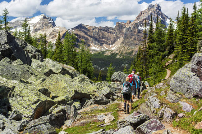 Wanderer auf einem felsigen Gebirgsweg mit Gebirgsketten in der Ferne, Yoho National Park; Field, British Columbia, Kanada — Stockfoto