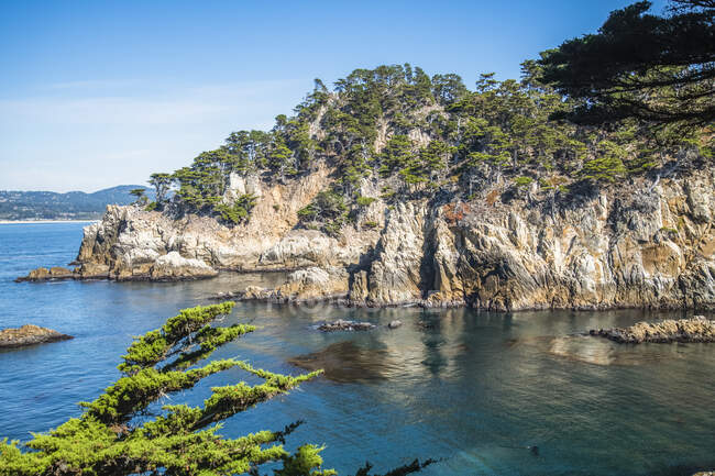 Péninsule rocheuse couverte d'arbres et rivage accidenté à la réserve naturelle de l'État de Point Lobos ; Californie, États-Unis d'Amérique — Photo de stock