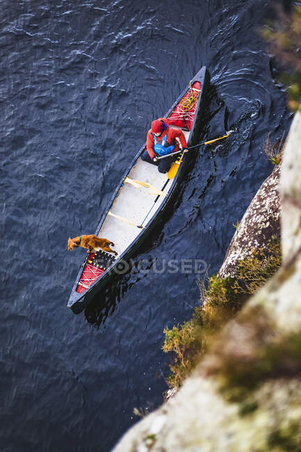 Vista de ángulo alto de la mujer y el perro remando una canoa en un lago en Irlanda en invierno, Parque Nacional de Killarney; Condado de Kerry, Irlanda - foto de stock