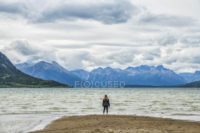 Жінка стоїть на піщаному пляжі, дивлячись на озеро Каркросс і величезні Юкон - ранги; Каркросс (Юкон, Канада). — стокове фото