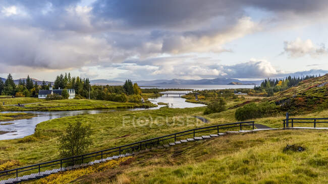 Thingvellir a historic site and national park. Thingvellir Church and the ruins of old stone shelters. — Stock Photo