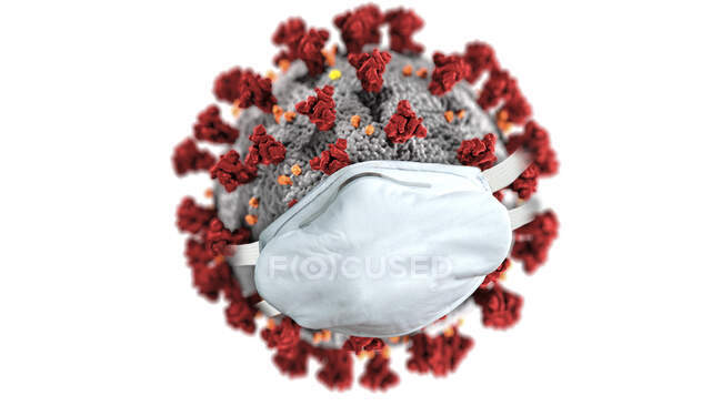 Coronavirus (Covid-19) con una máscara sobre un fondo blanco - foto de stock