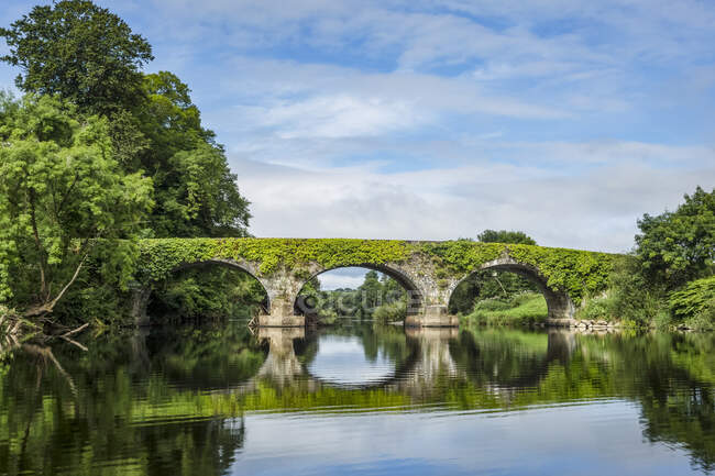 Старый каменный мост через реку Черноводная в Килавуллене отражается в воде в солнечный летний день; Киллавуллен, графство Корк, Ирландия — стоковое фото
