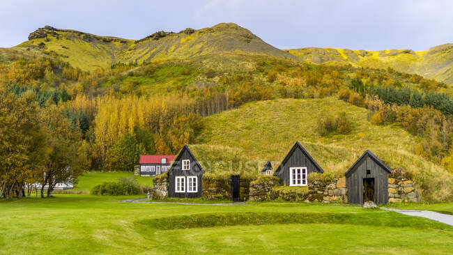 Casa y cobertizo construido en una ladera cubierta de hierba; Rangarping, Región Sur, Islandia - foto de stock
