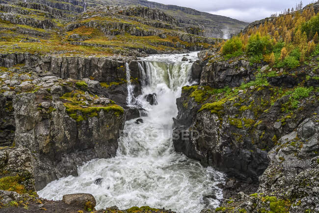 Wasserfall und rauschender Fluss in einer zerklüfteten Landschaft in Ost-Island; Djupivogur, Eastern Region, Island — Stockfoto