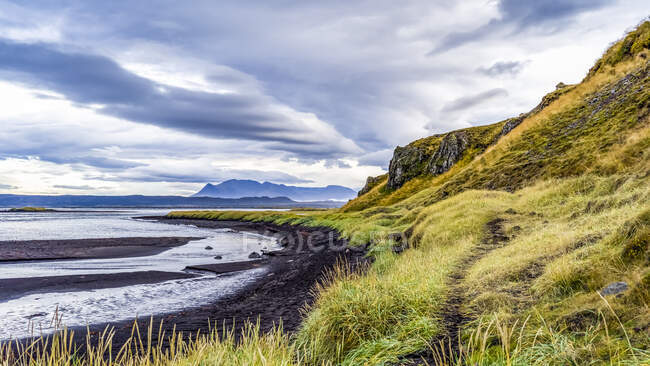 Paisagem típica da Islândia com tundra verde, areia preta ao longo da borda da água e uma região montanhosa sob um céu nublado; Islândia — Fotografia de Stock