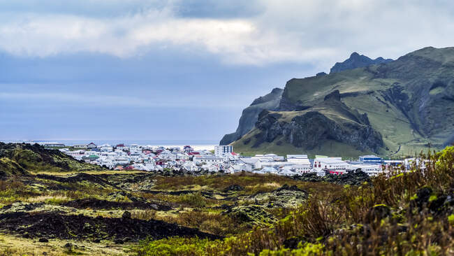 Stadt auf einer Insel in einem Archipel im Süden Islands; Vestmannaeyjar, Southern Region, Island — Stockfoto