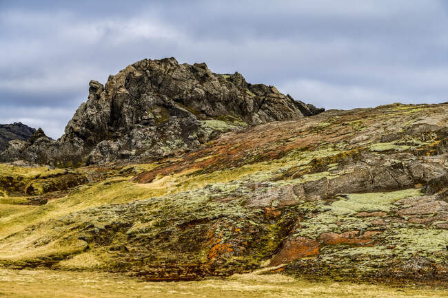 Afloramiento robusto de roca y colorida tundra en una ladera; Islandia - foto de stock