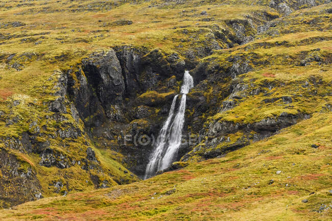 Waterfalls flowing down a sloped landscape with autumn coloured tundra; Sudavik, Westfjords, Iceland — Stock Photo