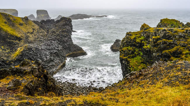Вид на нерівну берегову лінію зі скелями та моховими скелями Арнарстапі; Snaefellsbaer, Західний регіон, Ісландія — стокове фото