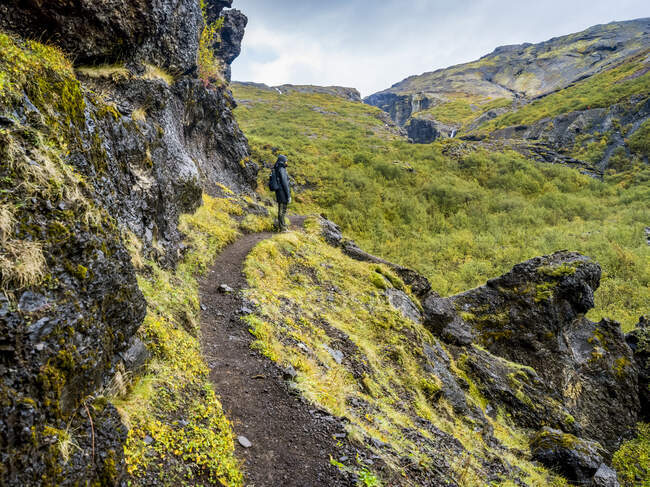 Une femme marchant sur le sentier de randonnée Glymur. Hvalfjardarsveit, Région de la capitale, Islande — Photo de stock