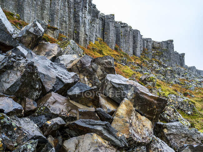 Acantilado Gerduberg de dolerita, una roca de basalto de grano de curso, situado en la península occidental Snaefellsnes; Eyja- og Miklaholtshreppur, Región occidental, Islandia - foto de stock