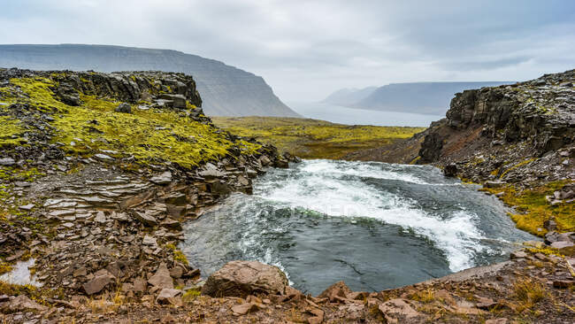 Fluss fließt durch eine zerklüftete Landschaft in einen Fjord; Westfjord, Island — Stockfoto
