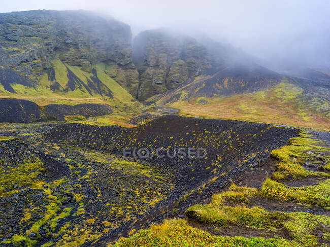 Raudfeldsgja, що перекладається як Красний рифтовий ущелин на горі Botnsfjall на півострові Snaefellsbaer, Західний регіон, Ісландія — стокове фото