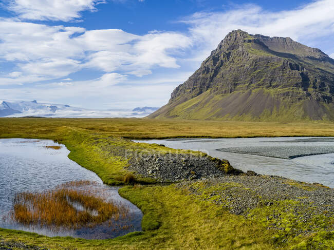 Rugged affioramento sulla tundra accanto a un fiordo; Hornafjordur, Regione orientale, Islanda — Foto stock